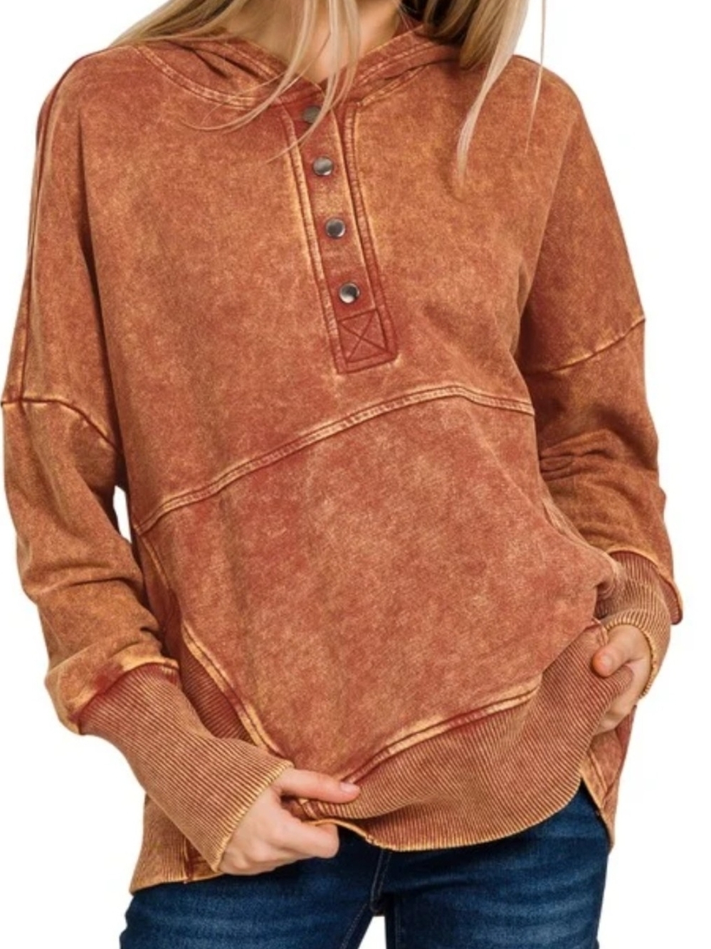 Zenana Outfitters Mineral-Wash V-Neck Henley Hoodie Sweater